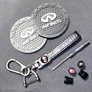 HYUNDAI INFINITI Black Leather Keychain w/Screwdriver, Cup Holders & Tire Valves